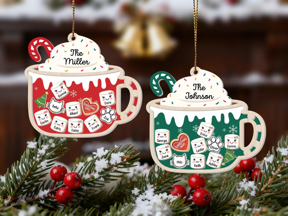 Personalized Marshmallow Family & Pets 4D Shaker Ornament