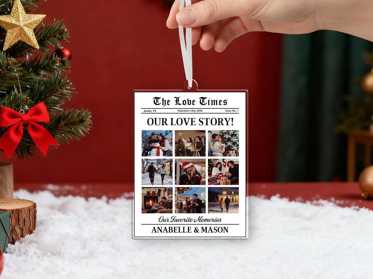 "Our Love Story" Custom Newspaper Couple Ornament