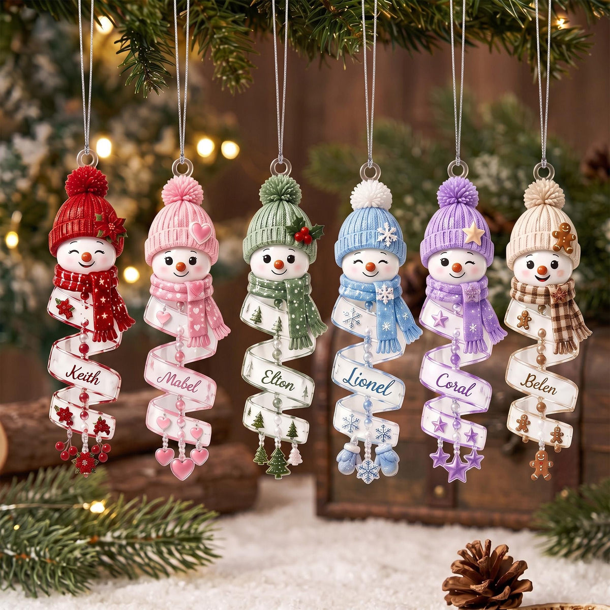 Personalized Spiral Winter Snowman Name Ornament