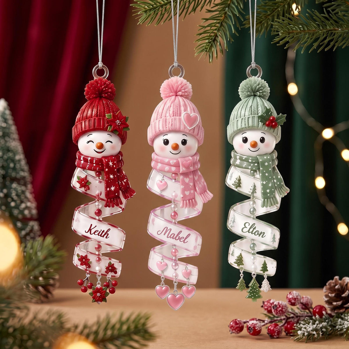 Personalized Spiral Winter Snowman Name Ornament